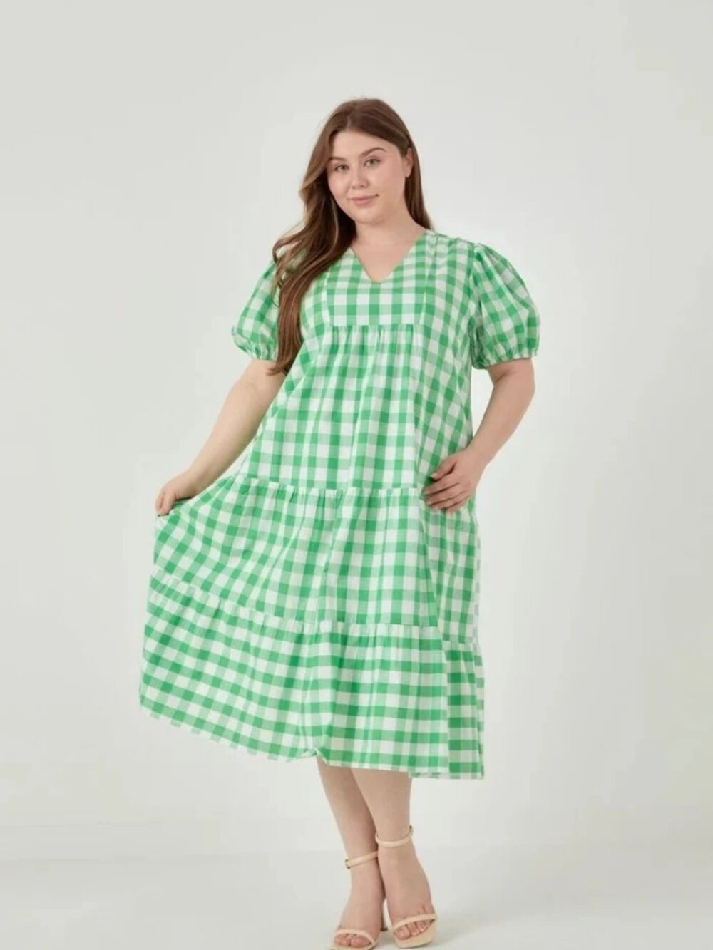English Factory Women's Green/White Gingham Check Midi Dress Size 3X NWOT